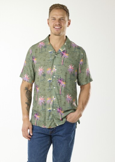 Blount & Pool Honolulu Shirt Olive Sea Palm M Kortarmede Skjorter