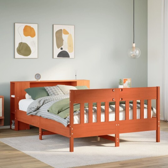  Seng med bokhylle uten madrass voksbrun 140x200 cm heltre furu 8721158619716