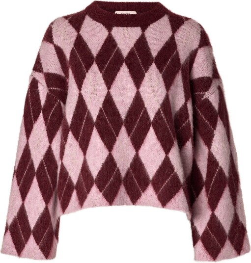 Selected Slwlulu Strikkegenser Argyle O-Neck TAWNY PORT XL Selected Slwlulu Strikkegenser Argyle O-Neck TAWNY PORT XL