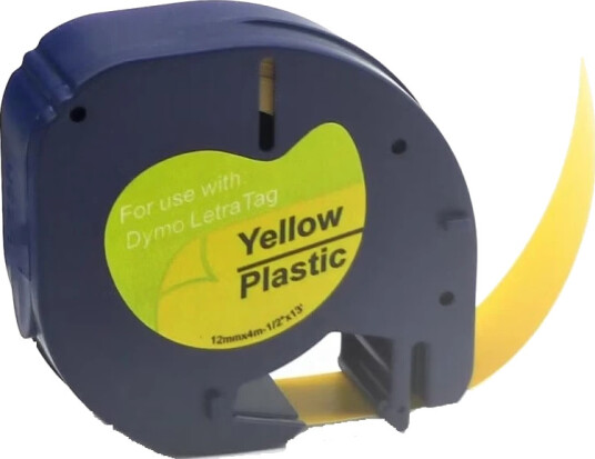 TB 91202 LT Label Plast Sort på Gul 12mm (4m),erstatter Dymo S0721620