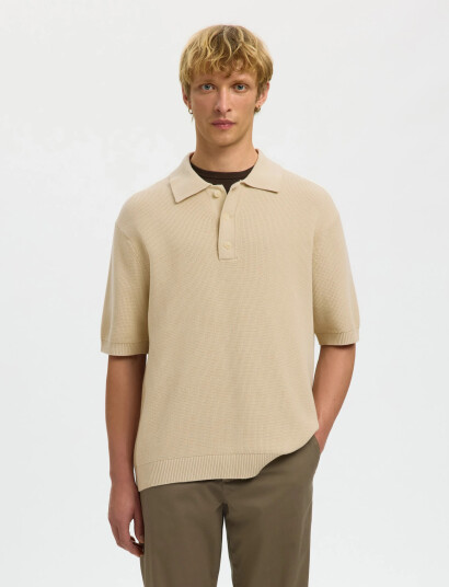 Selected Slhdane Ss Knit Relaxed Polo Noos   Beige   L