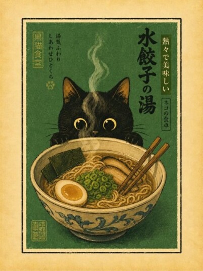 Plakat Nysgjerrig Katt Ramen
