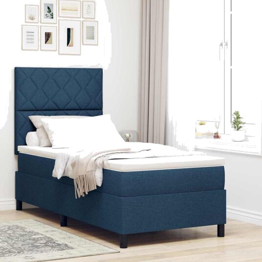 Box Spring Seng med Madrass & LED Blå 90x200 cm Stoff