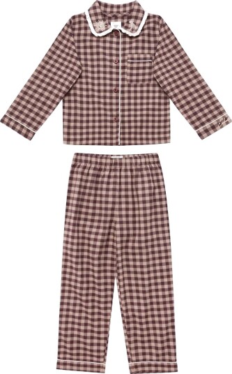 Chelsea Peers Kids Organic Cotton Embroidered Gingham Enchanted Dreams Long Pyjama Set   BURGUNDY   5 6