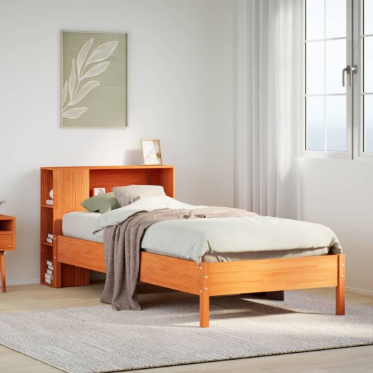 Seng med bokhylle uten madrass voksbrun 90x190 cm heltre furu 8721158616418