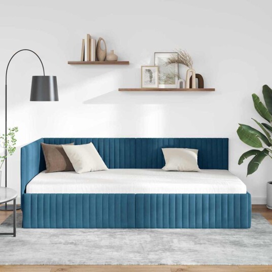 Hjørnesengramme med hodegjerde Blå 100 cm x 200 cm Fløyel