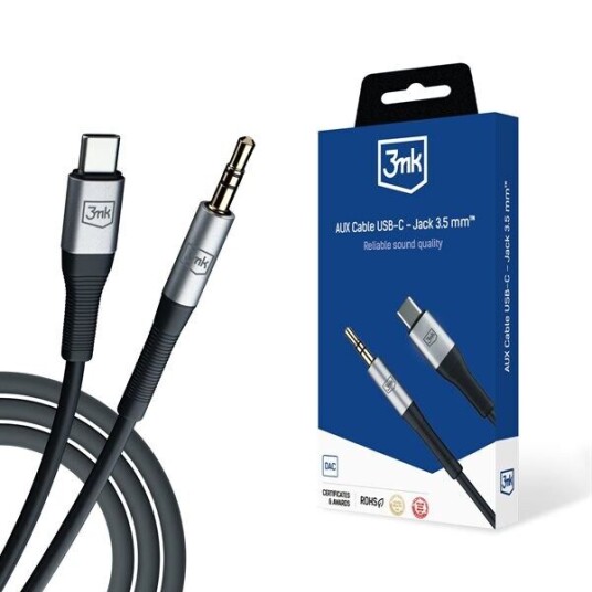 3Mk AUX-kabel 3,5 mm til USB-C Sølv - Høy lydkvalitet 3Mk AUX-kabel 3,5 mm til USB-C Sølv - Høy lydkvalitet