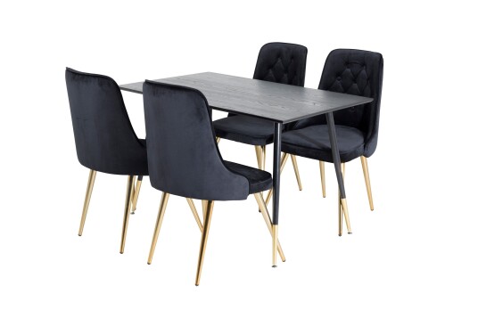 Venture Home Dipp Spisegruppe 120 cm Rund med 4 Velvet Stoler Sort/Guld