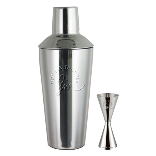 Shaker & jigger med texten "Double Trouble" Efva Attling Shaker & jigger med texten "Double Trouble" Efva Attling