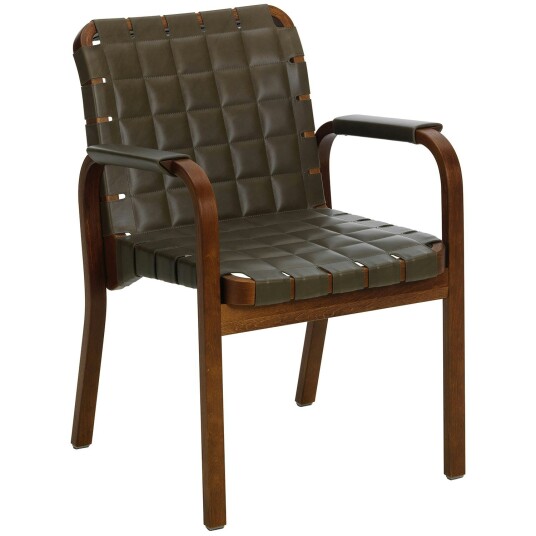Artek Armchair 45 Lenestol Mørkmalt Bjørk / Quiltet Lær Oliven