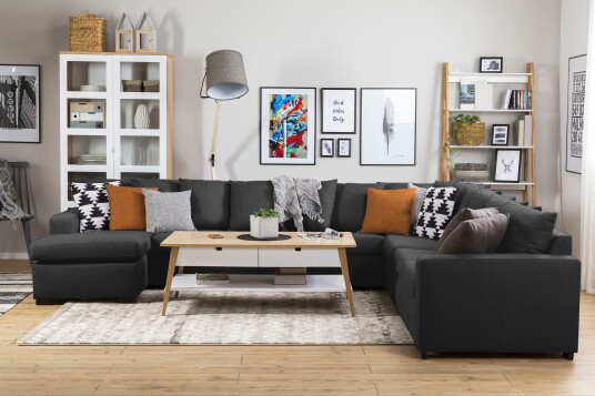 Crazy 7 seters Venstrevendt U formet XX Large Hjørnesofa med Divan i Stoff Antrasitt