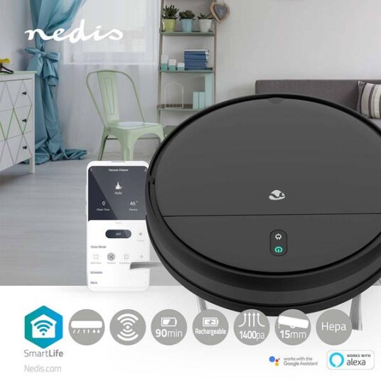 Nedis Robotstøvsuger WIFIVCR001CBK med HEPA-filter, Appkontroll og Moppfunksjon Nedis Robotstøvsuger WIFIVCR001CBK med HEPA-filter, Appkontroll og Moppfunksjon