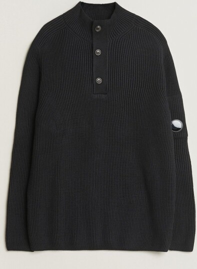 C.P. Company Full Rib Knitted Cotton Half Button Black