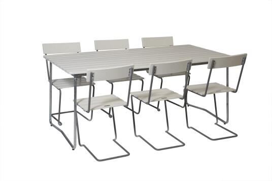Grythyttan Stålmöbler B31 spisegruppe Hvitlakkert ek/galvanisert stål 6 stoler & bord 170 x 92 cm