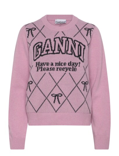 GANNI Graphic Wool Mix Bow Crewneck   Pink   L
