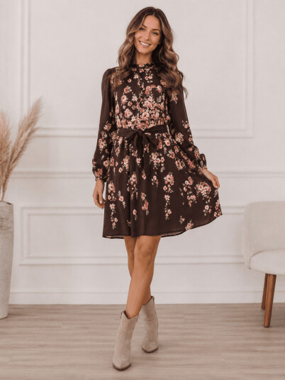 VIELMA O NECK L/S SHORT DRESS/LN COFFE BEAN FLOWERS VIELMA O NECK L/S SHORT DRESS/LN COFFE BEAN FLOWERS