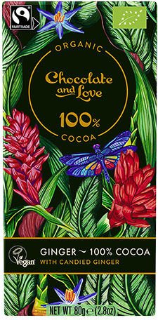 Chocolate and Love Sjokolade 100% Kakao med Kandisert Ingefær Øko - 80 g