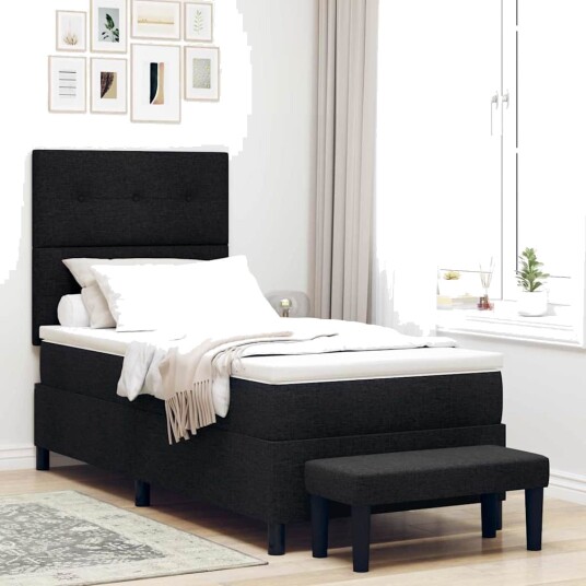 Box Spring Seng med madrass & benk svart 100x200 cm stoff