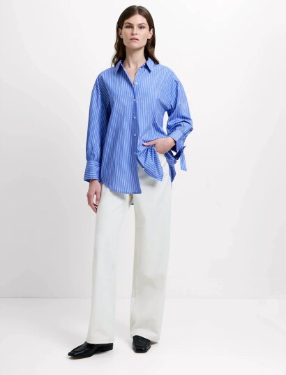 French Connection Cambria Cotton Striped Bow Shi   Blue   XL