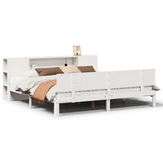 Seng med bokhylle uten madrass hvit 200x200 cm heltre furu 8721158614285