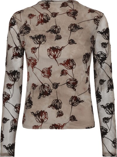 French Connection Tia Rose Mesh Velvet Burnout Top   Brown   M