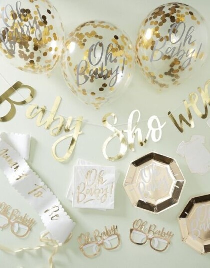 Babyshower Party in a Box til 12 Personer Gullfarget Dekorasjonssett 68 Deler