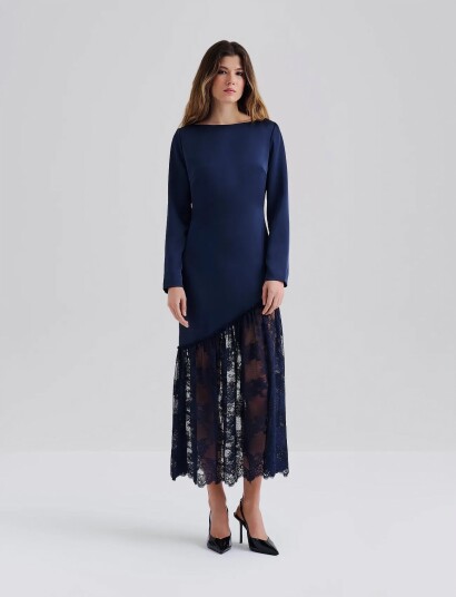 Malina Suki Diagonal Cut Lace Midi Dress   Navy   36