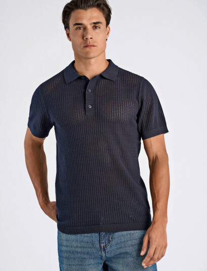 Lindbergh Crochet Knitted S/S V-Neck Polo - Navy - XL
