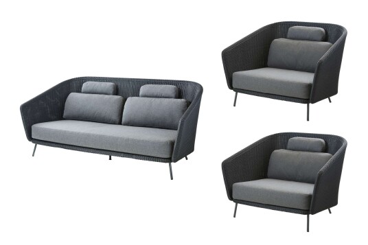 Cane-line Mega sofagruppe 2-seter sofa & 2 lenestoler Svart med grå pute