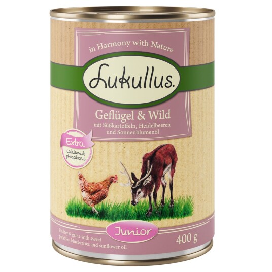 5 + 1 Gratis! Lukullus Naturkost 6 X 400 G Junior Fjærkre & Vilt Kornfritt 5 + 1 Gratis! Lukullus Naturkost 6 X 400 G Junior Fjærkre & Vilt Kornfritt