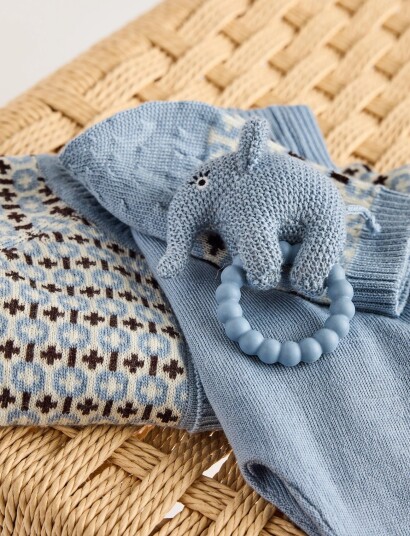 Smallstuff Rattle Elephant Merino Wool Light Blue Blue One Size