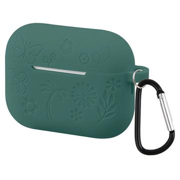 AirPods Pro 3 Etui i flytende silikon med karabinkrok og blomstermønster   mørkegrønn