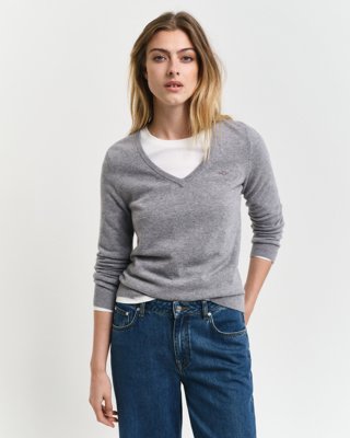Gant Ekstra fin lammeull genser med V-hals GREY MELANGE XS
