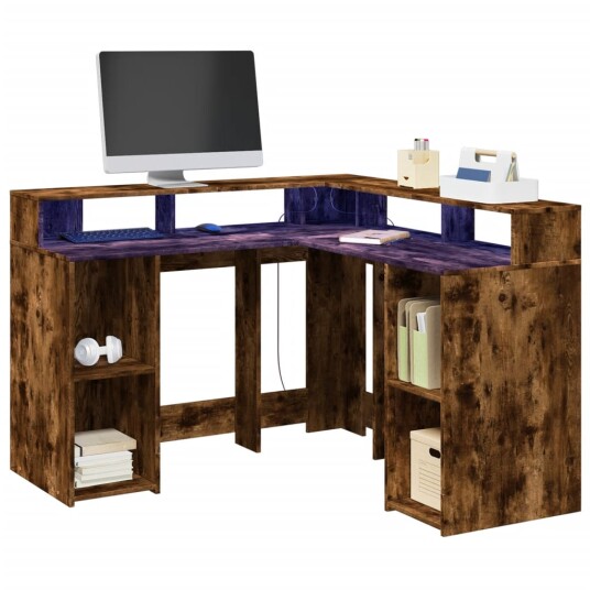 Skrivebord med LED-lys røkt eik 130x130x91 cm konstruert tre