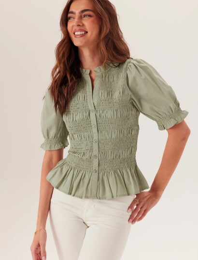 Bubbleroom Short Sleeve Cotton Smock Blouse   Green   S