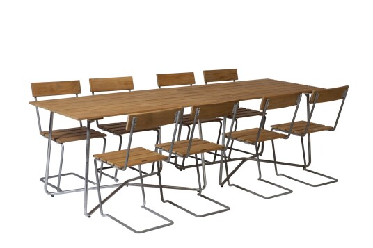 Grythyttan Stålmöbler B25 spisegruppe Teak/galvanisert stål 8 stoler & 2 bord 120 x 70 cm