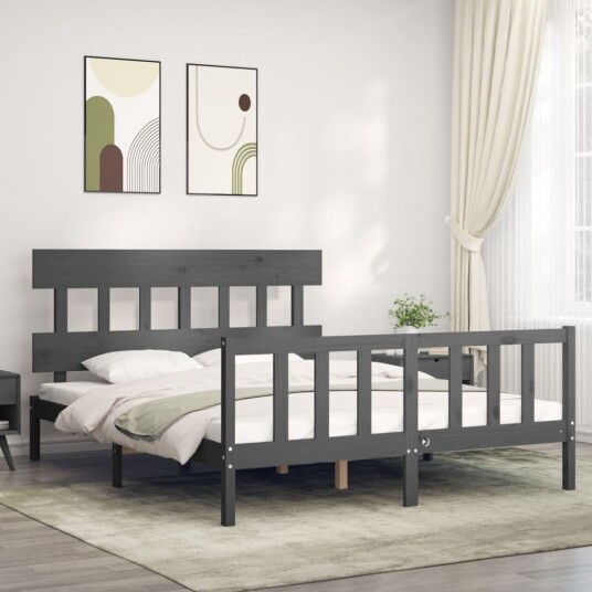 vidaXL Sengeramme med hodegavl grå 5FT King Size heltre