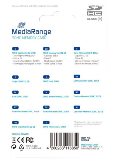 Mediarange - Flashminnekort - 32 Gb - Class 10 - Sdhc - Blå Mediarange - Flashminnekort - 32 Gb - Class 10 - Sdhc - Blå