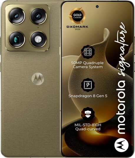 Motorola Signature - 5G Smarttelefon - Dobbelt-Sim - Ram 16 Gb / Internminne 512 Gb - Oled-Display - 6.78" - 2780 X 1264 Piksler (165 Hz) - 3X Bakkamera 50 Mp, 50 Mp, 50 Mp - Front Camera 50 Mp - Pantone Martini Oliven