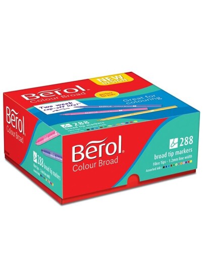 Berol filtspiss fargetusjer bred spiss 12mm vaskbar assorterte farger eske med 288 stk.
