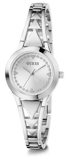 Guess Work Life, Dameklokke med sølvfarget stållenke og stener på skiven Guess Work Life, Dameklokke med sølvfarget stållenke og stener på skiven