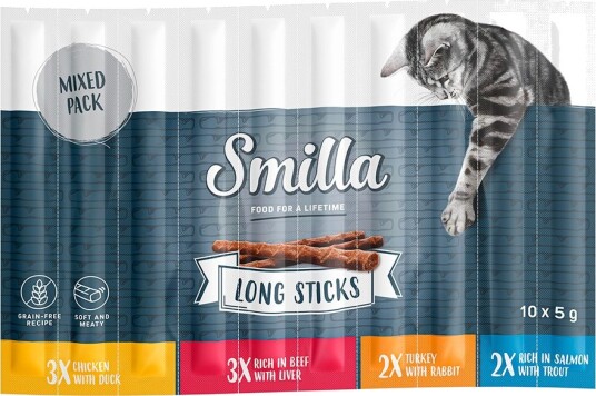 Smilla Long Sticks Mixpakke 1 & And & Kanin Laks & Ørret & Lever Kylling Kalkun Storfe 10 X 5 G
