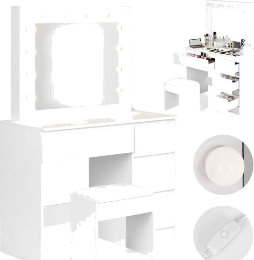 Sminkebord med LED speil 4 skuffer + krakk