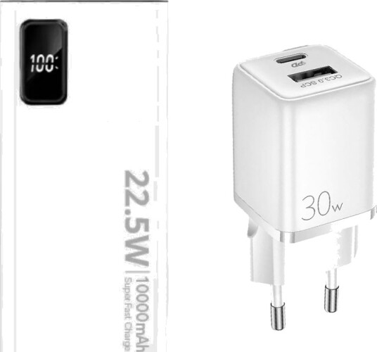 SiGN Super Powerbank 10000mAh med vegglader 30W Hvit