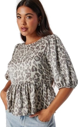 BUBBLEROOM Round Neck Puff Sleeve Blouse Leopard L BUBBLEROOM Round Neck Puff Sleeve Blouse Leopard L