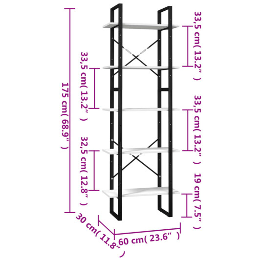 vidaXL Bokhylle 5 niv?er 60x30x175 cm furu hvit