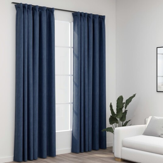 Vidaxl Lystette Gardiner Med Kroker Og Lin-Design 2 Stk Blå 140x225 Cm