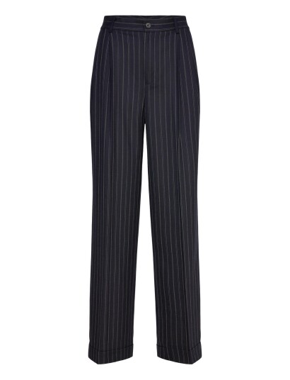 Lauren Ralph Lauren Striped Pleated Wool Blend Twill Pant   Navy   34