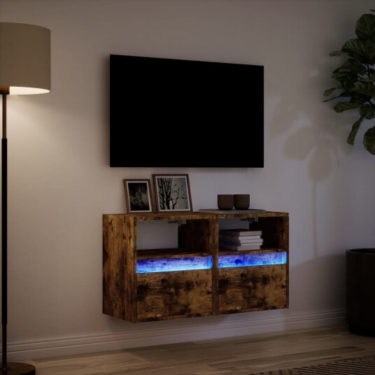 Vegghengt TV-benker med LED-lys 2 stk røkt eik 41x31x45 cm 852322