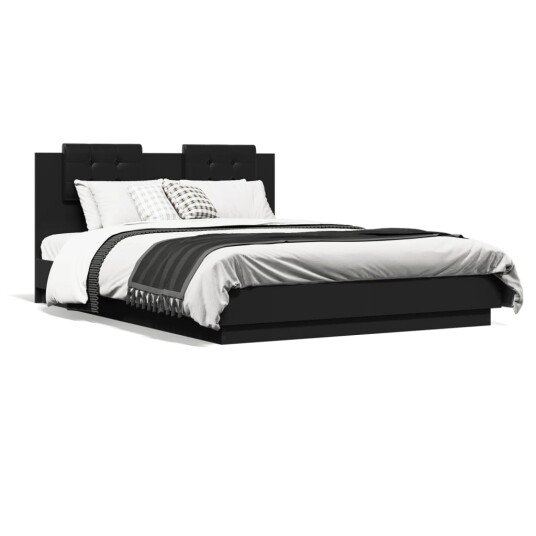 Sengeramme med sengegavl og LED-lys svart 150x200 cm 8721012277397
